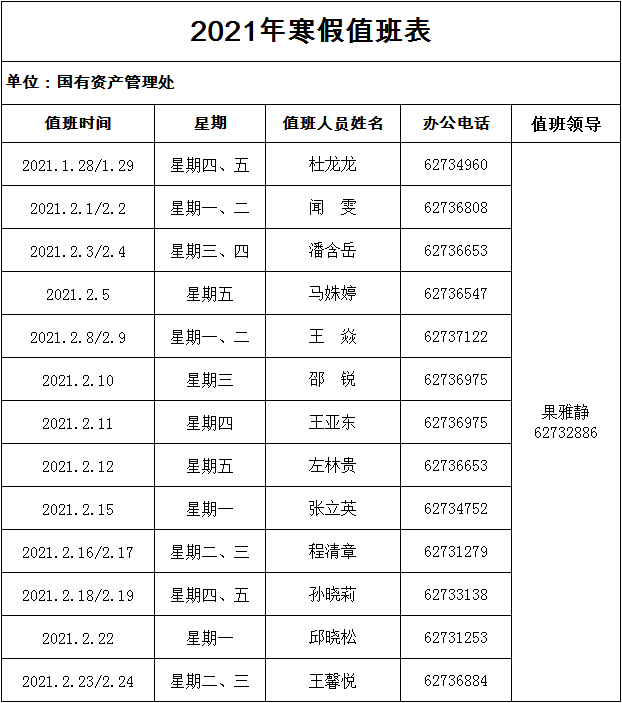 国有资产管理处2021年寒假值班表